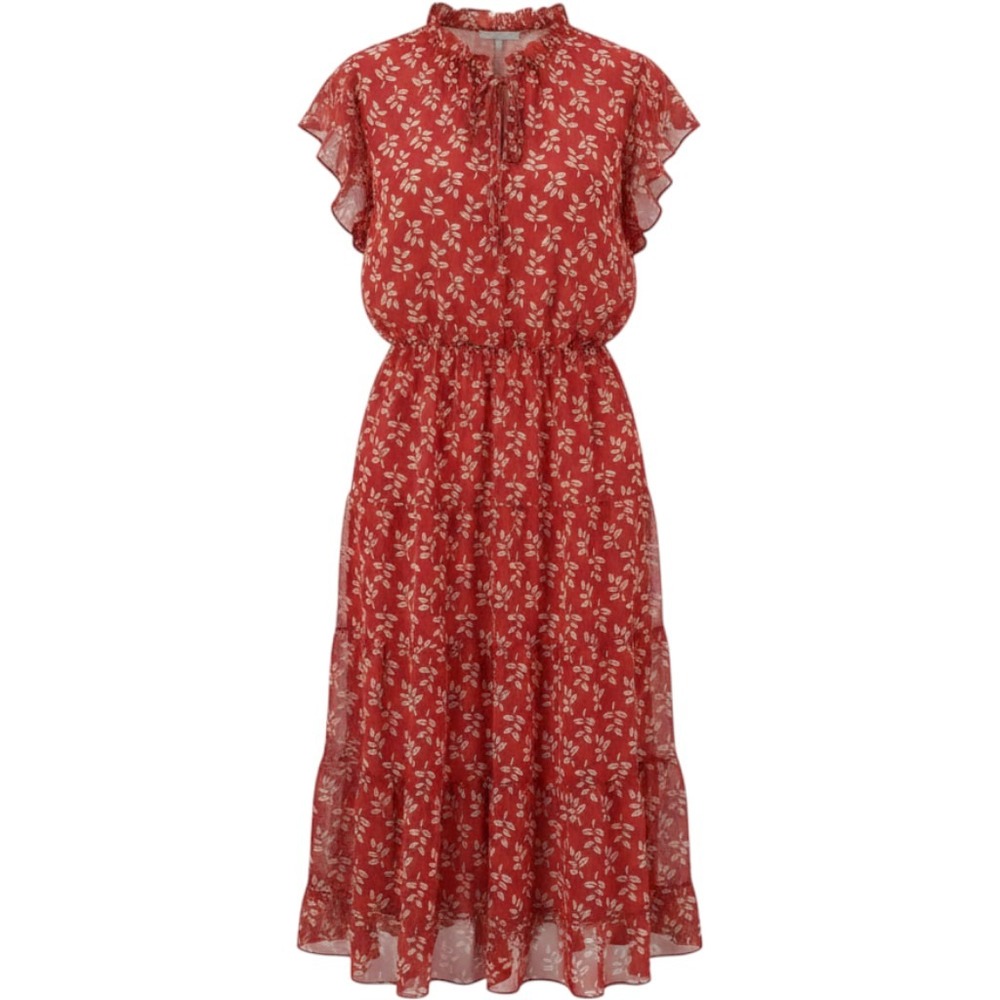 Cato Red Leaf Print Chiffon Tiered Midi Dress Smocked Waist Plus 26/28W